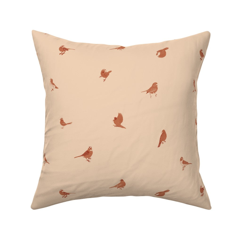 Hand Drawn Sparrows Perching & Flying in the Garden Throw Pillow — Medium Scale — soft peach