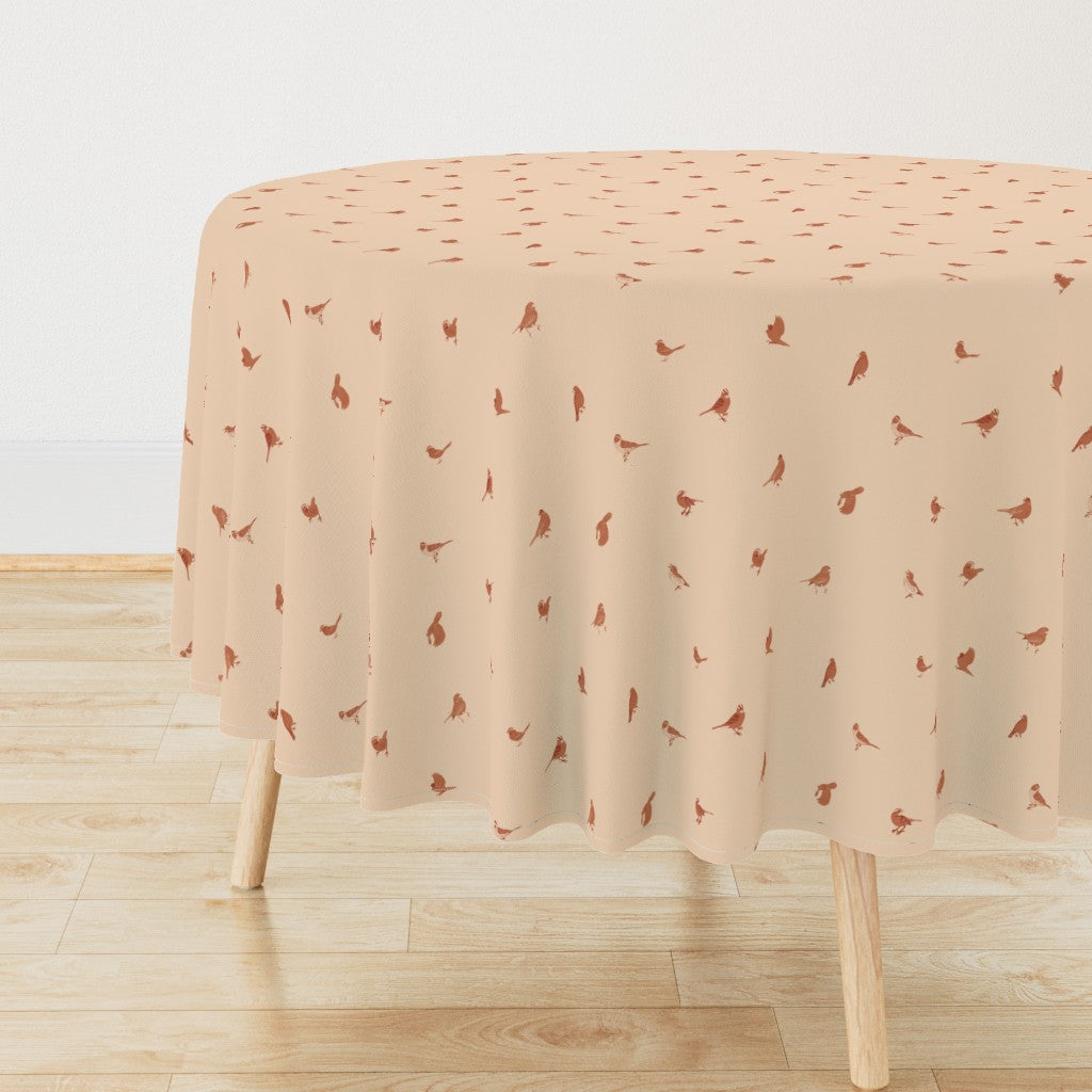 Hand Drawn Sparrows Perching & Flying in the Garden Tablecloth — Medium Scale — soft peach