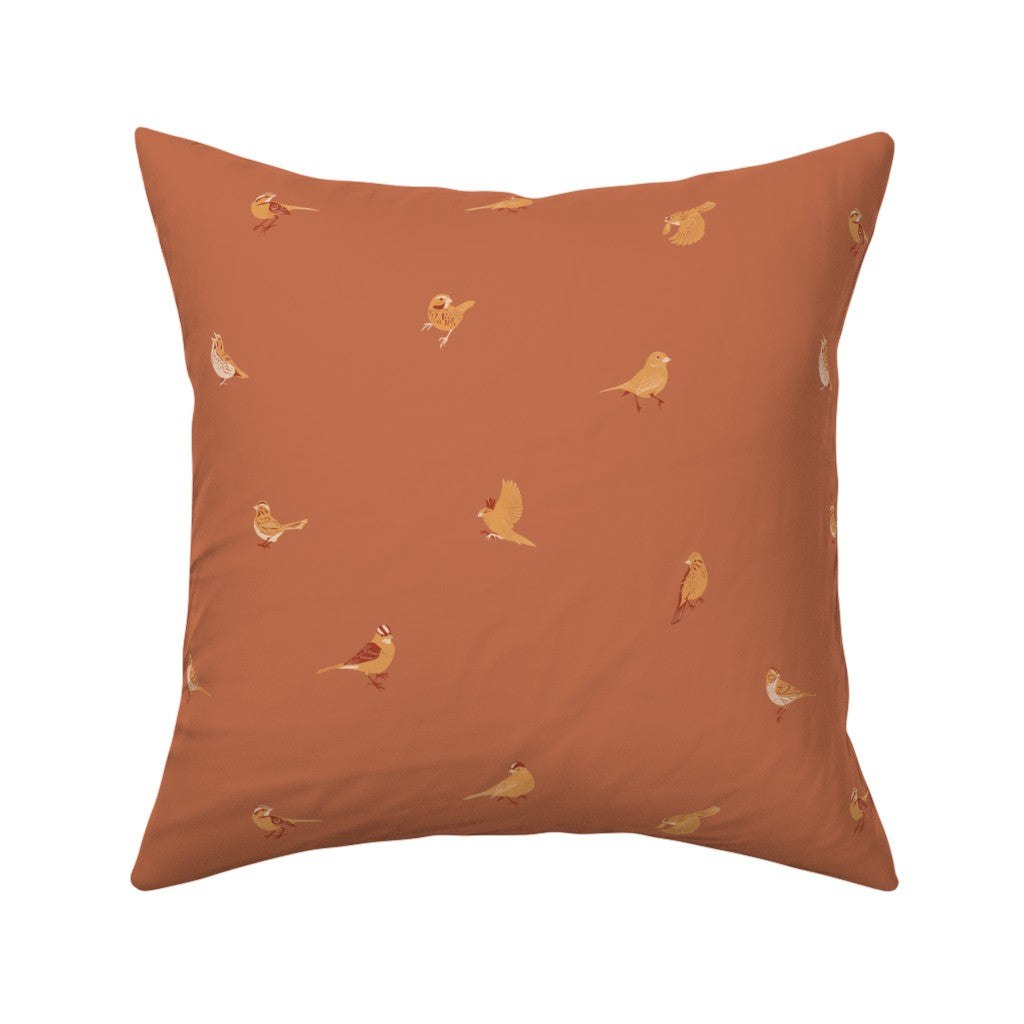 Hand Drawn Sparrows Perching & Flying in the Garden Throw Pillow — Medium Scale — terracotta