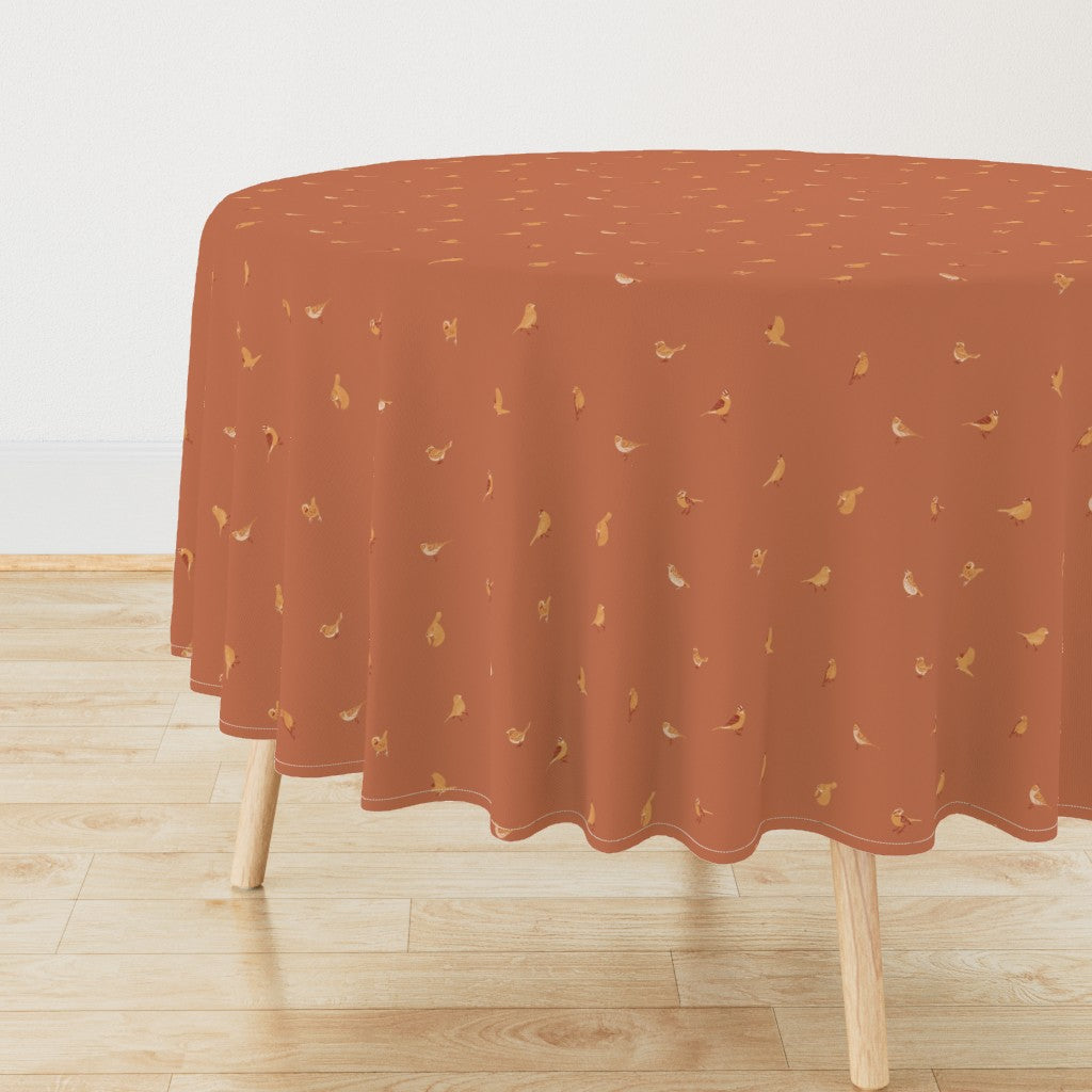 Hand Drawn Sparrows Perching & Flying in the Garden Tablecloth — Medium Scale — terracotta