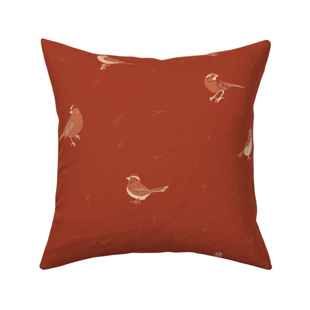 Sparrows & Bird Footprints in Earth Tones Throw Pillow — Large Scale — rust red