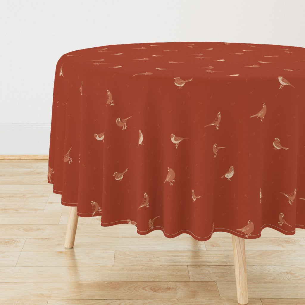 Sparrows & Bird Footprints in Earth Tones Tablecloth — Large Scale — rust red