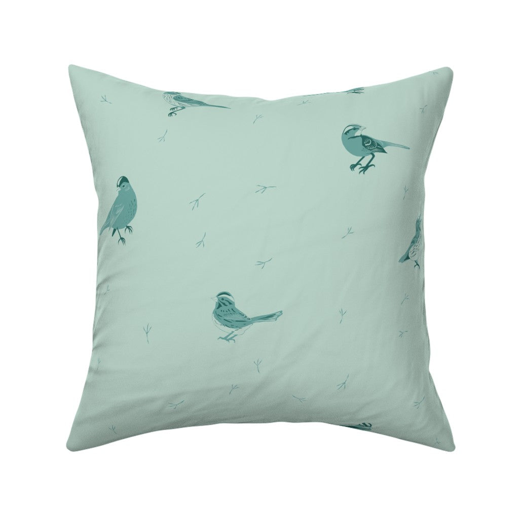 Sparrows & Bird Footprints in Earth Tones Throw Pillow — Large Scale — light blue