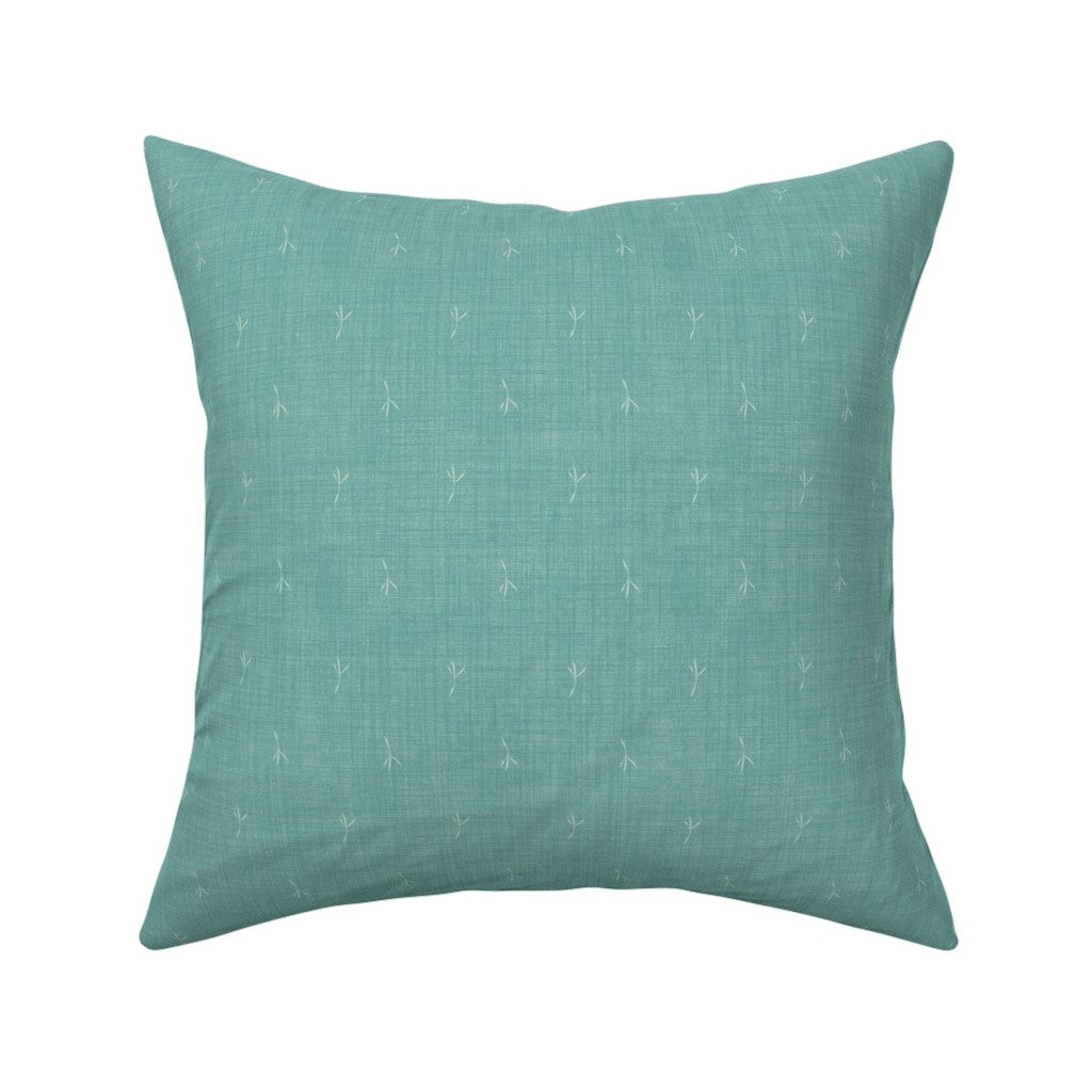 Sparrow Bird Footprints on Linen Look Throw Pillow — Small Scale — teal blue