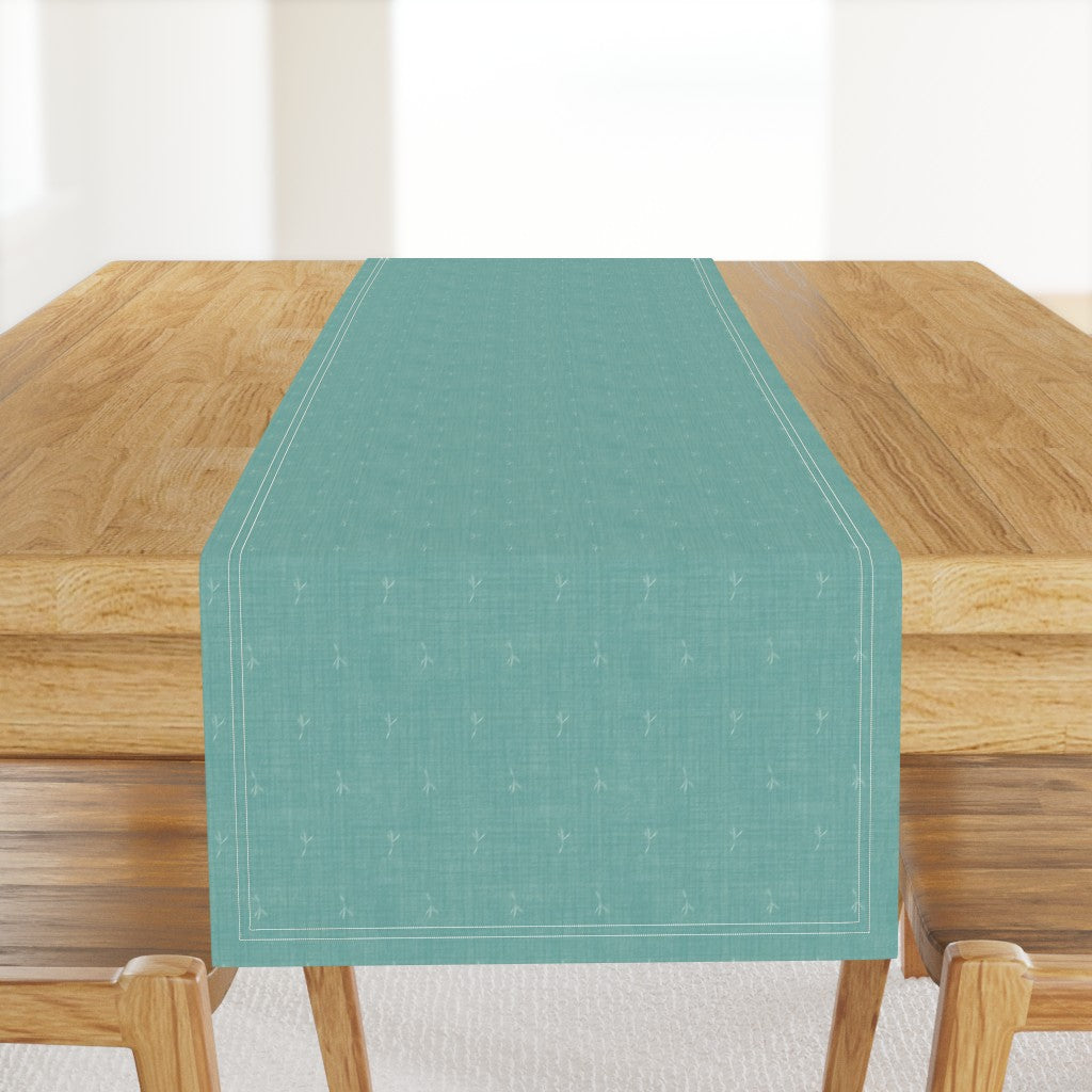 Sparrow Bird Footprints on Linen Look Table Runner — Small Scale — teal blue
