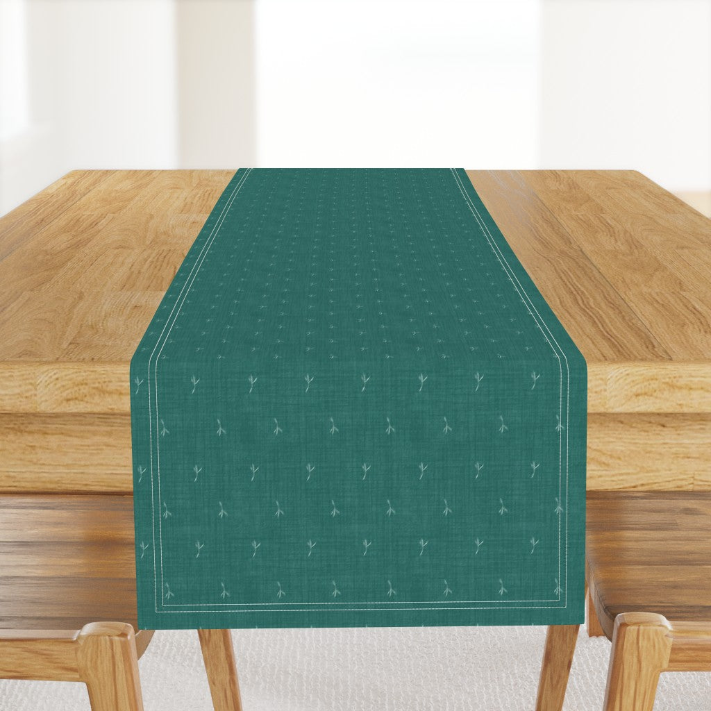 Sparrow Bird Footprints on Linen Look Table Runner — Small Scale — teal blue green
