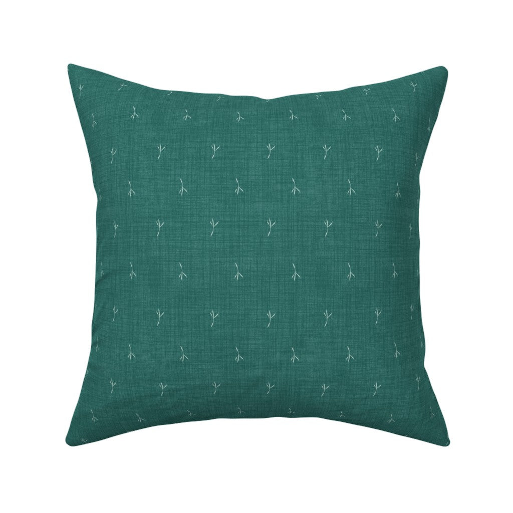 Sparrow Bird Footprints on Linen Look Throw Pillow — Small Scale — teal blue green