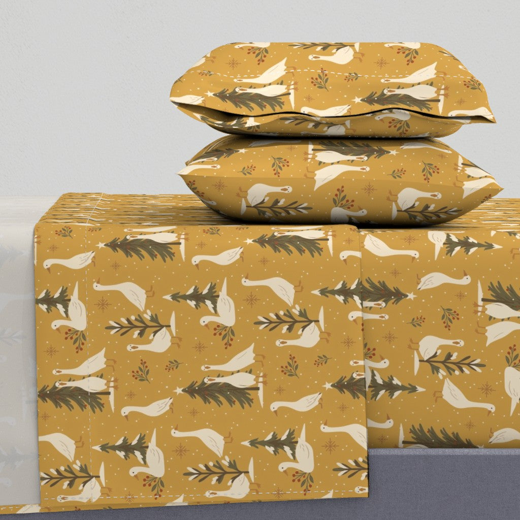 Country Geese in Christmas Holiday Evergreen Field Sheet Set — Large Scale — gold yellow