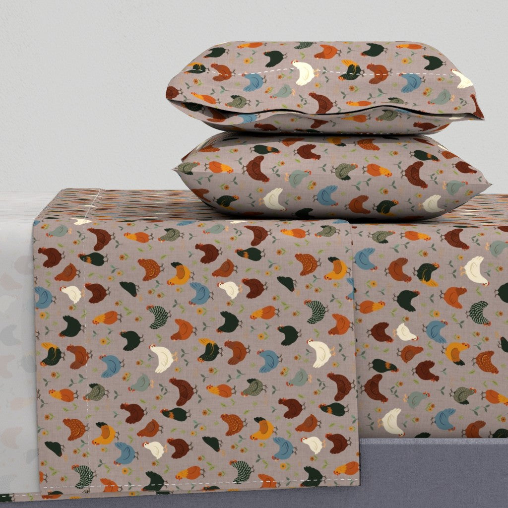 Country Hens with Sunflowers in Folk Farmstead Style Sheet Set — Medium Scale — taupe