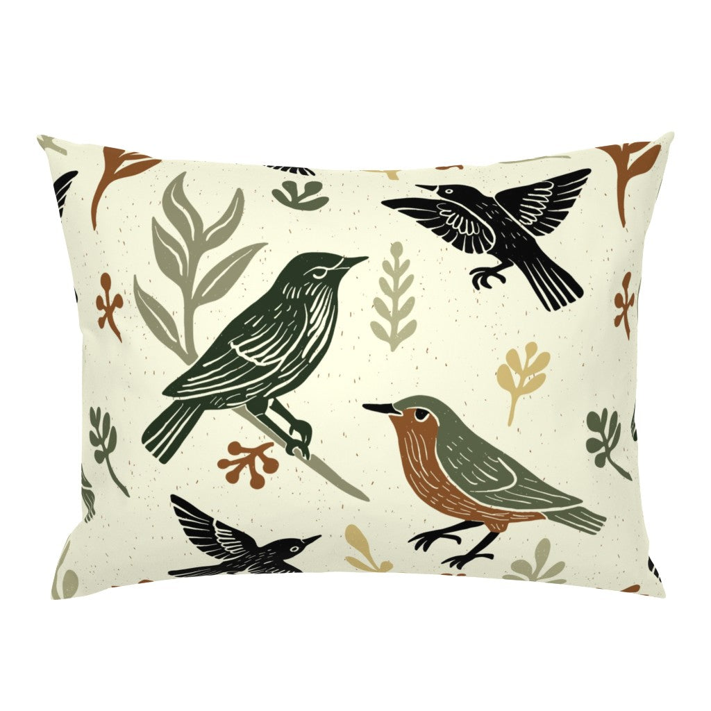 Woodland Garden Birds Pillow Sham — Medium Scale — warm cream