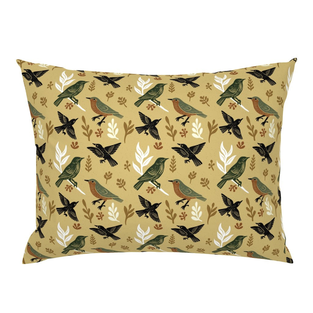 Woodland Garden Birds Pillow Sham — Medium Scale — warm khaki