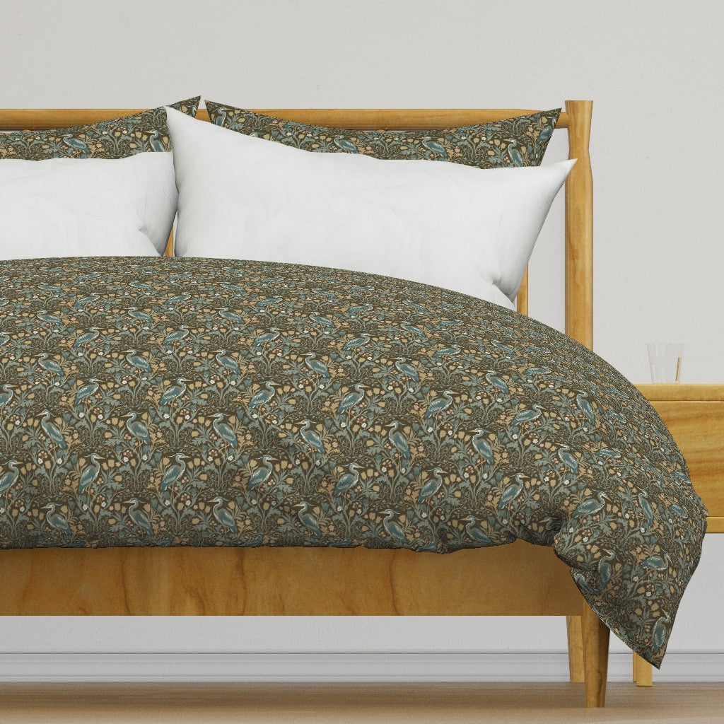 Heron with tulips and botanical vines in William Morris-Inspired style Duvet Cover — Small Scale — brown