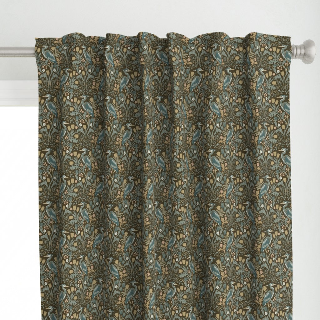 Heron with tulips and botanical vines in William Morris-Inspired style Curtains — Small Scale — brown