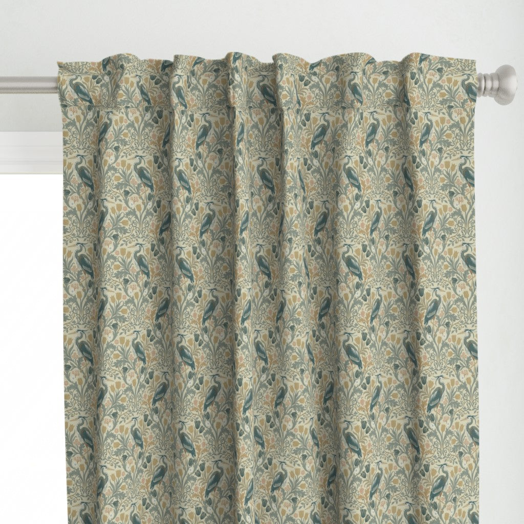 Heron with tulips and botanical vines in William Morris-Inspired style Curtains — Small Scale — cream