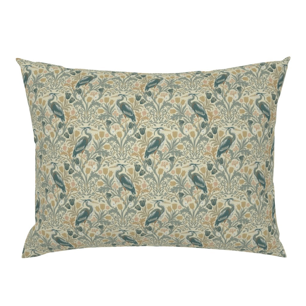 Heron with tulips and botanical vines in William Morris-Inspired style Pillow Sham — Small Scale — cream