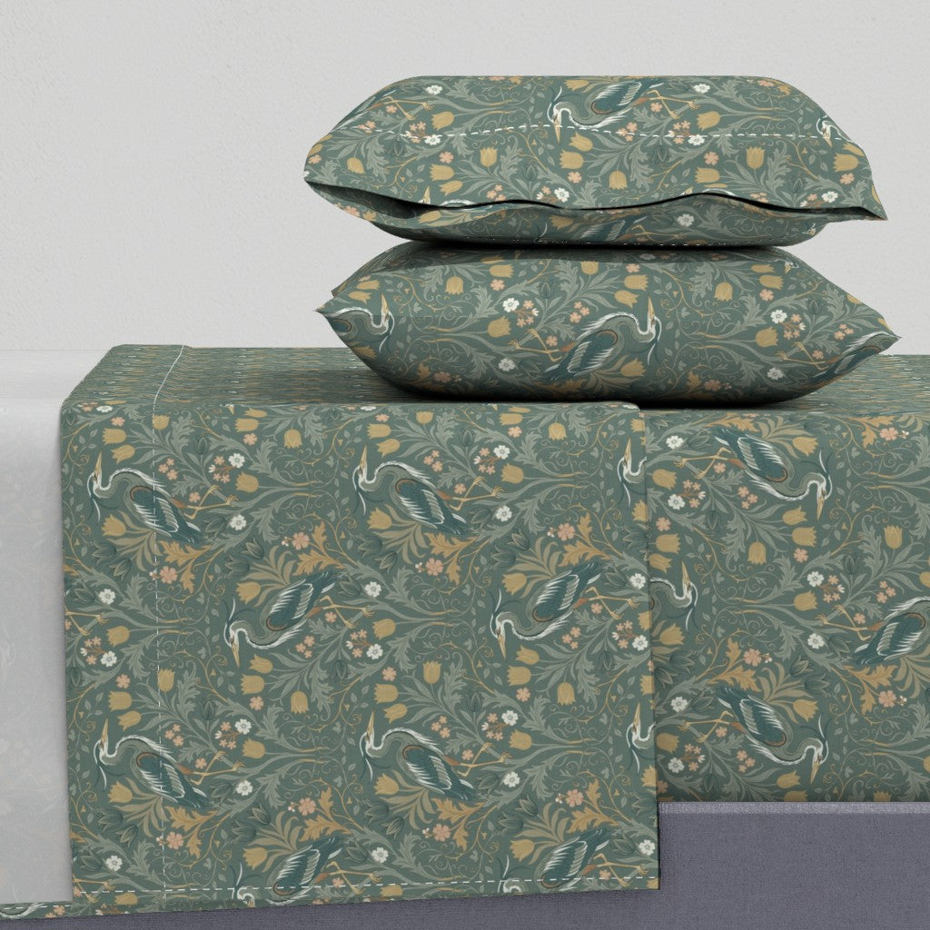Heron with tulips and botanical vines in William Morris-Inspired style Sheet Set — Medium Scale — green (alt)
