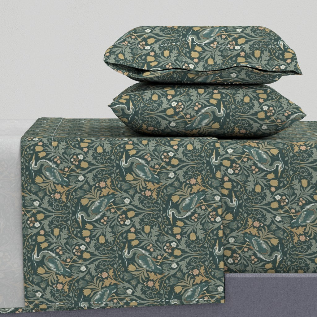 Heron with tulips and botanical vines in William Morris-Inspired style Sheet Set — Medium Scale — marine