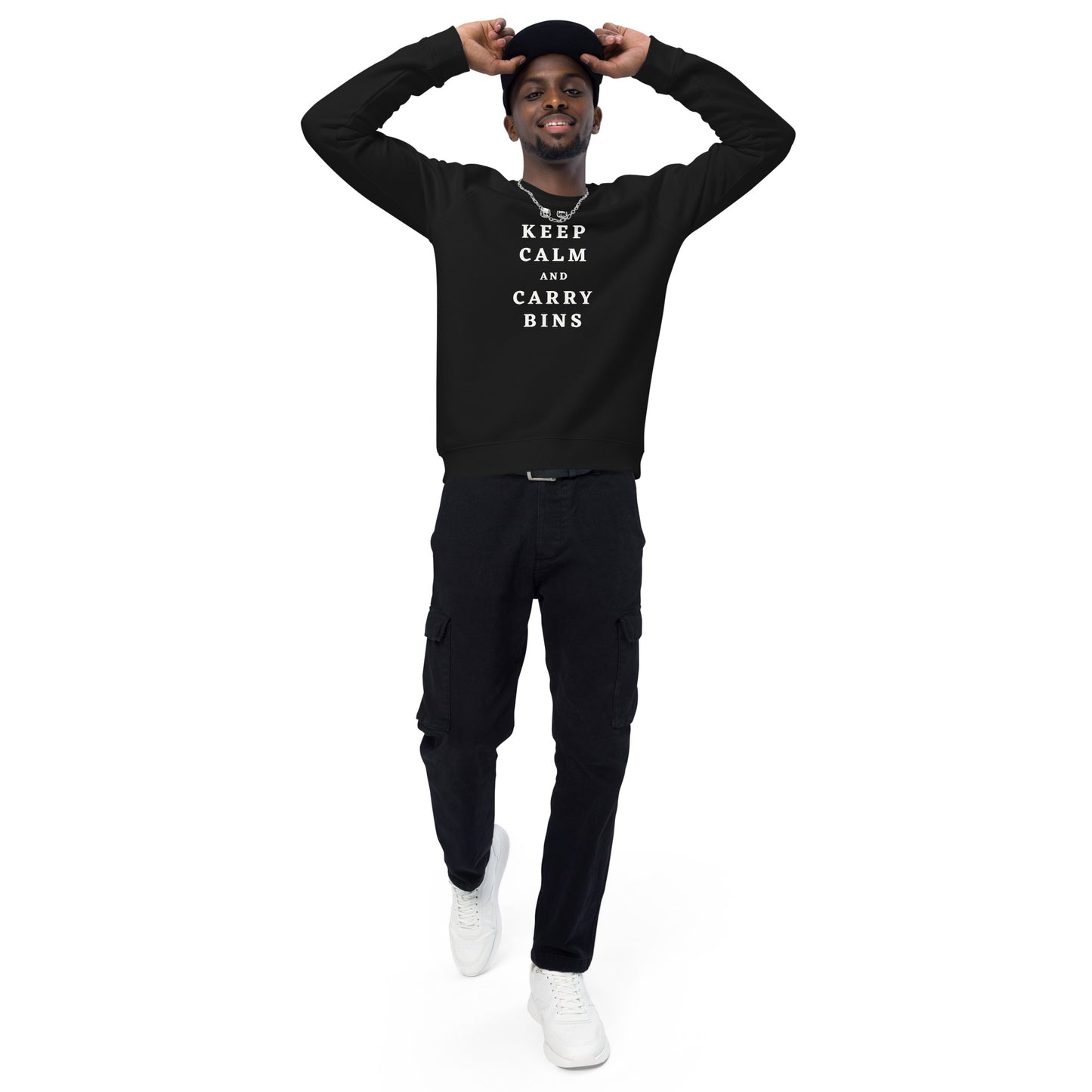 Keep Calm and Carry Bins Unisex Organic Raglan Sweatshirt
