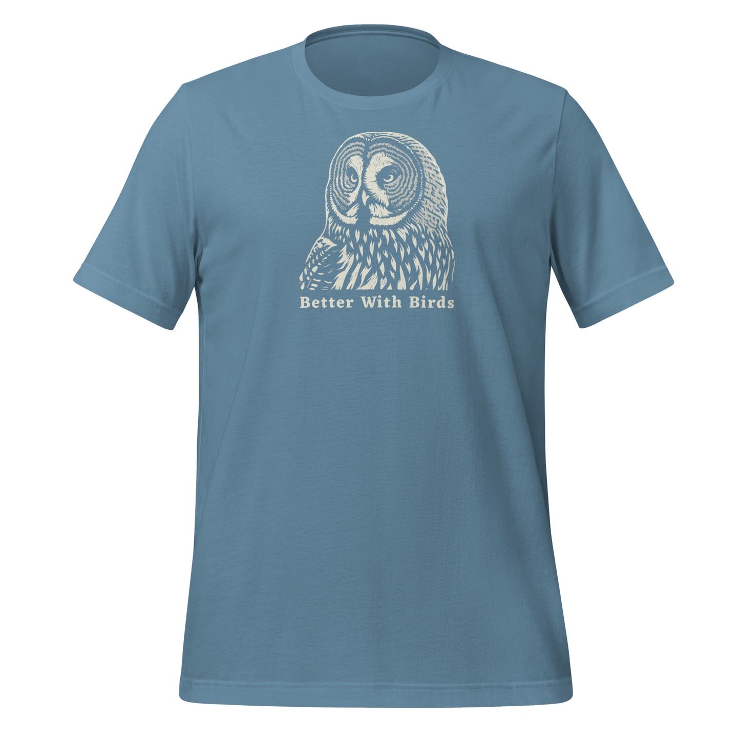 Great Gray Owl T-Shirt (Lightweight) in Steel Blue - Front | Better With Birds