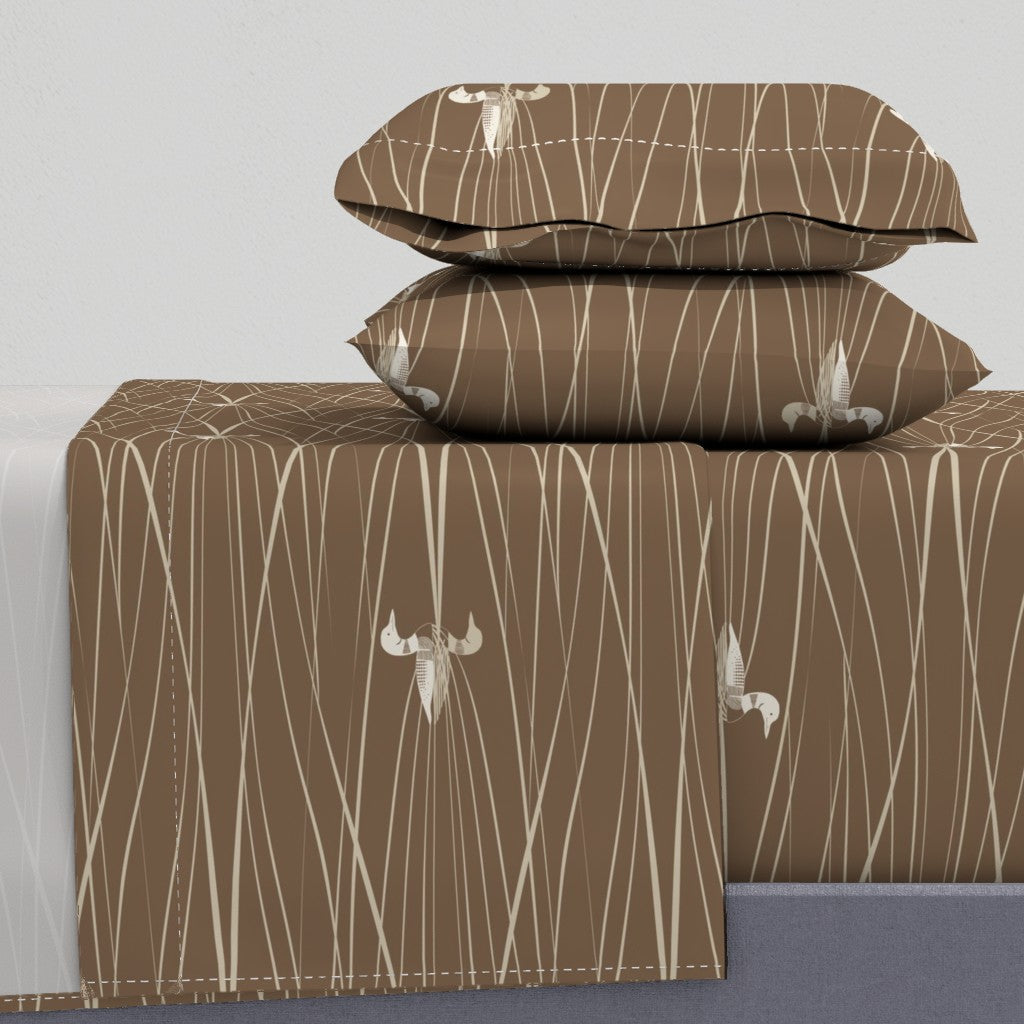 Earth Tone Minimalist Lake Scene with Loons Sheet Set — Large Scale — brown tan