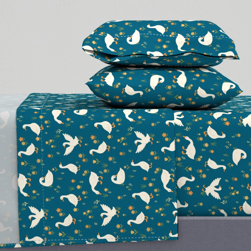Cute Country Geese for Children's Room Decor Sheet Set — Medium Scale — dark blue