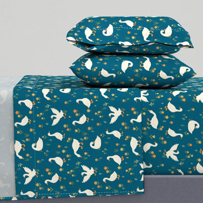 Cute Country Geese for Children's Room Decor Sheet Set — Medium Scale — dark blue