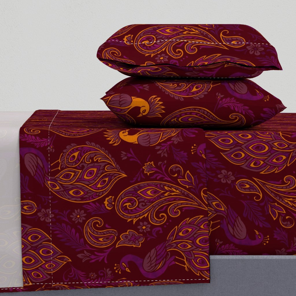 Jewel-Toned Boho Peacocks & Paisleys Sheet Set — Large Scale — magenta