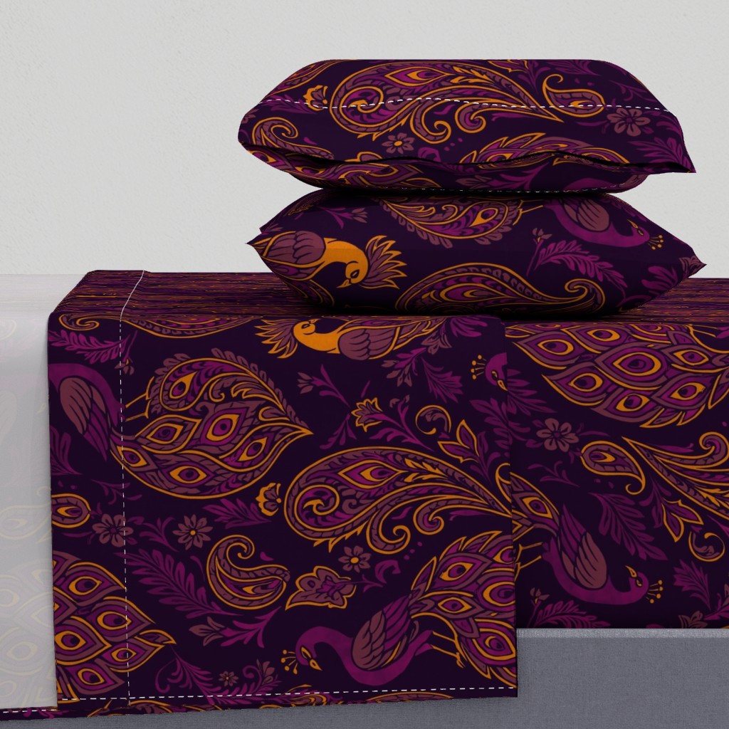 Jewel-Toned Boho Peacocks & Paisleys Sheet Set — Large Scale — purple (4)