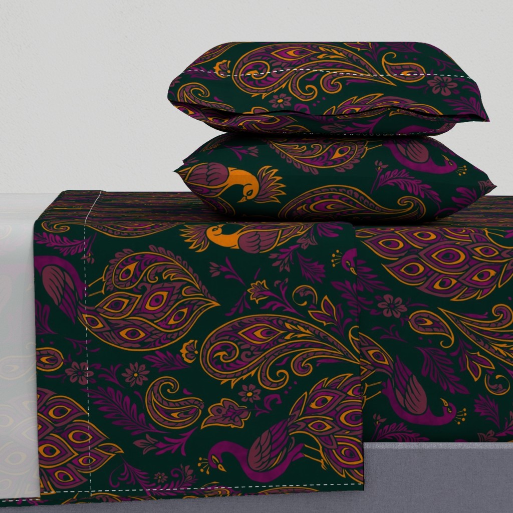 Jewel-Toned Boho Peacocks & Paisleys Sheet Set — Large Scale — green & gold