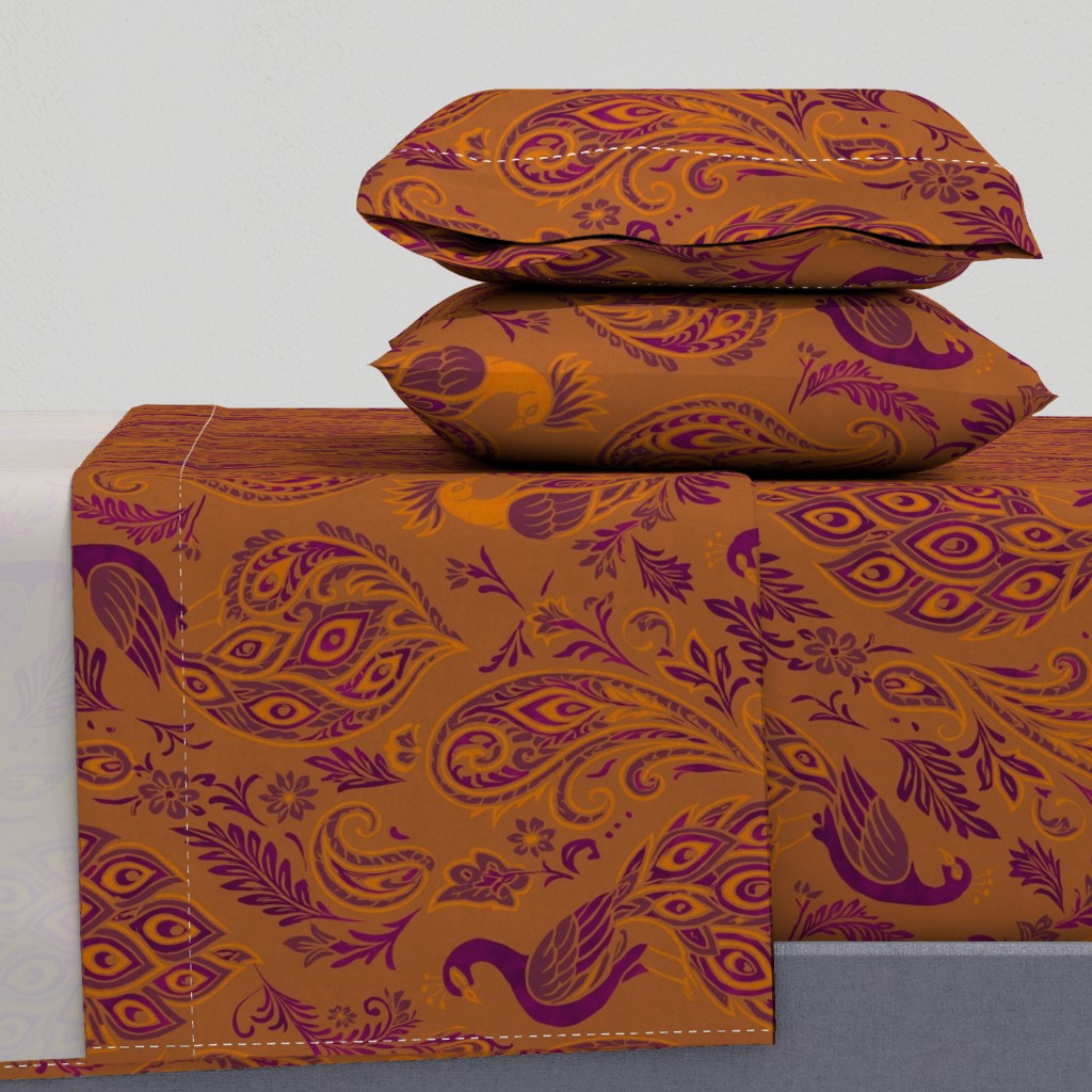 Jewel-Toned Boho Peacocks & Paisleys Sheet Set — Large Scale — yellow