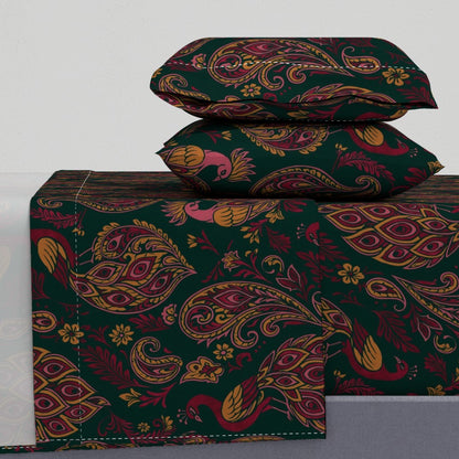 Jewel-Toned Boho Peacocks & Paisleys Sheet Set — Large Scale — green
