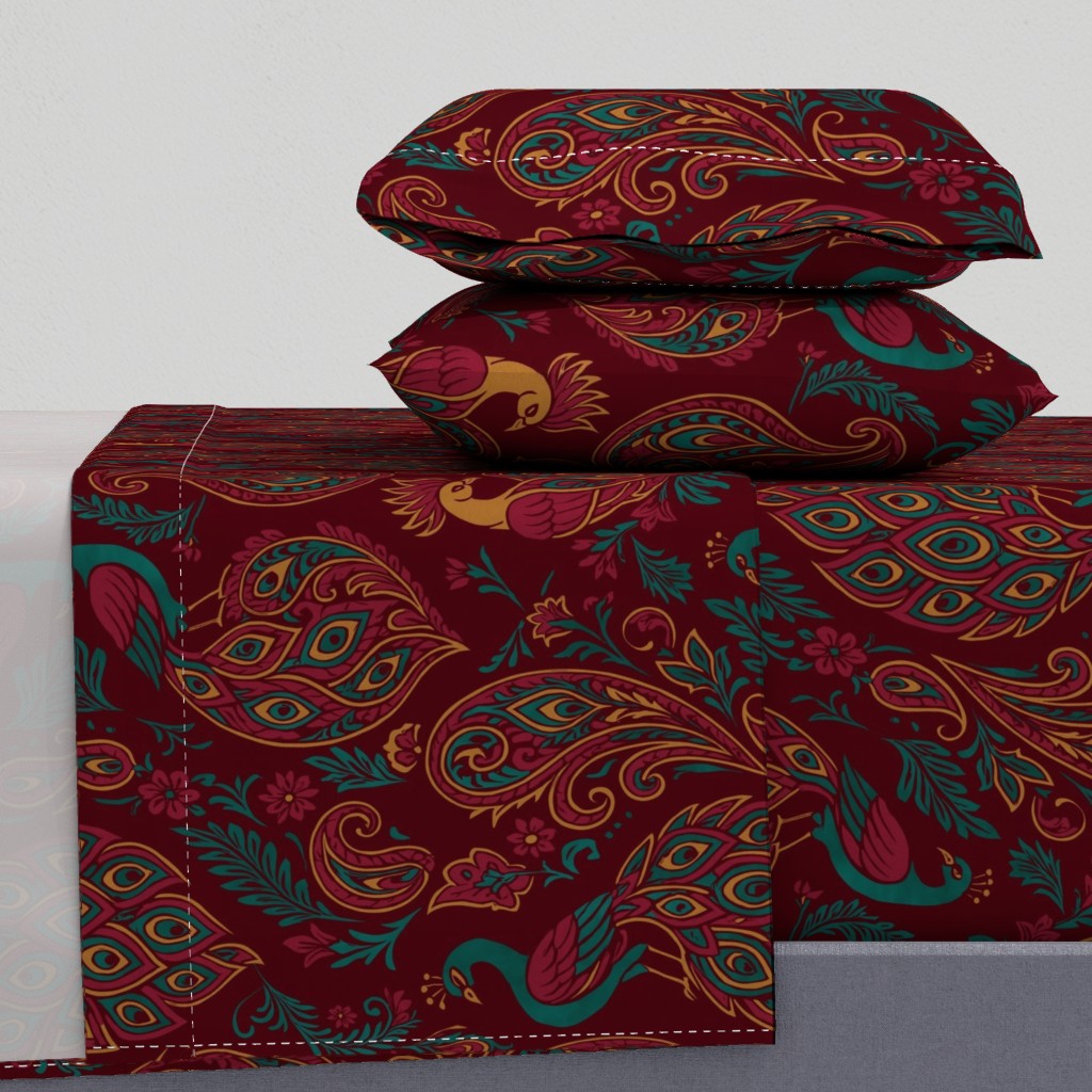 Jewel-Toned Boho Peacocks & Paisleys Sheet Set — Large Scale — warm