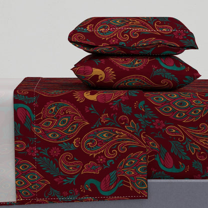 Jewel-Toned Boho Peacocks & Paisleys Sheet Set — Large Scale — warm