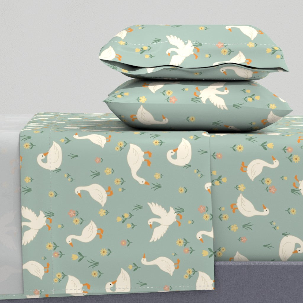 French Country Geese for Nursery & Kids Room Sheet Set — Large Scale — sage green