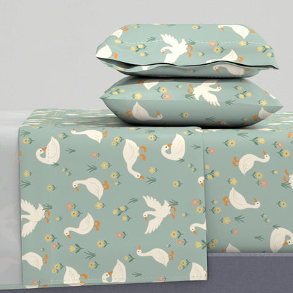 French Country Geese for Nursery & Kids Room Sheet Set — Large Scale — sage green