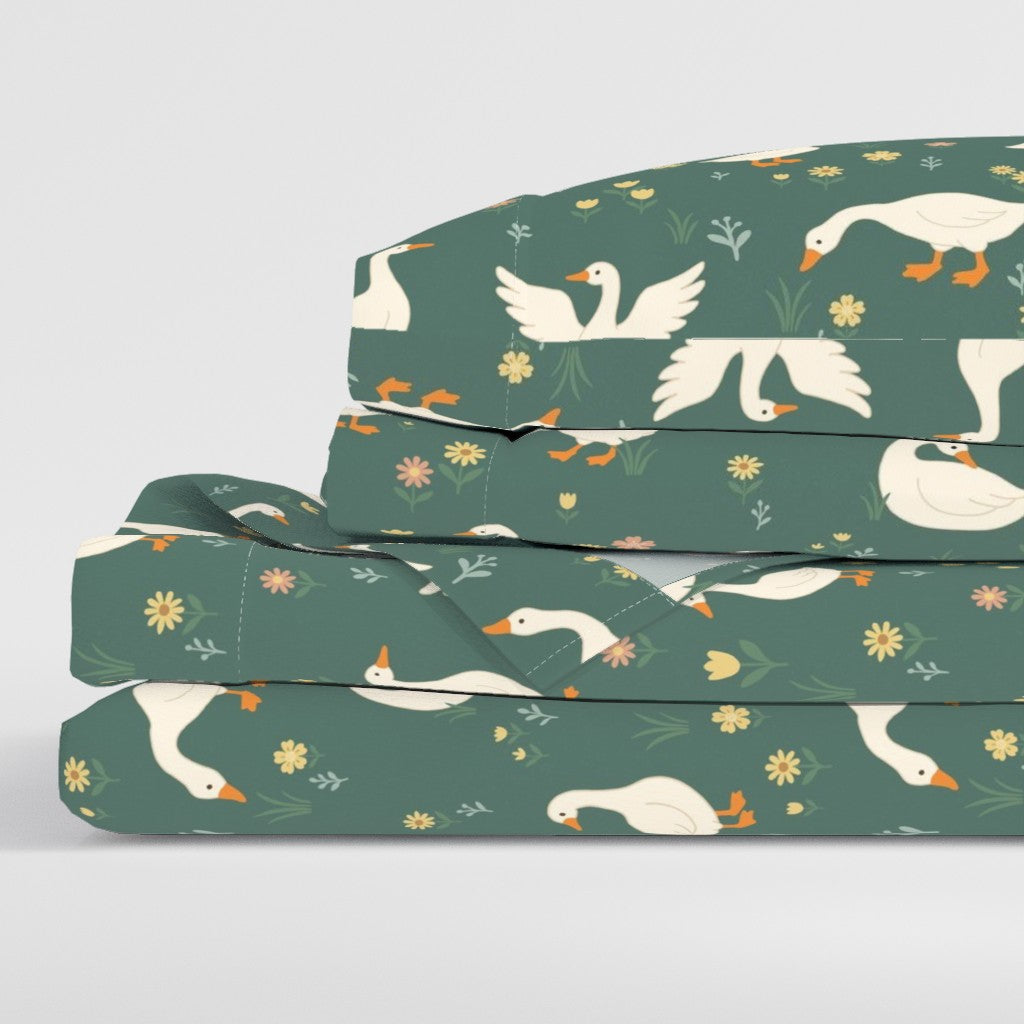 French Country Geese for Nursery & Kids Room Sheet Set — Large Scale — green colorway