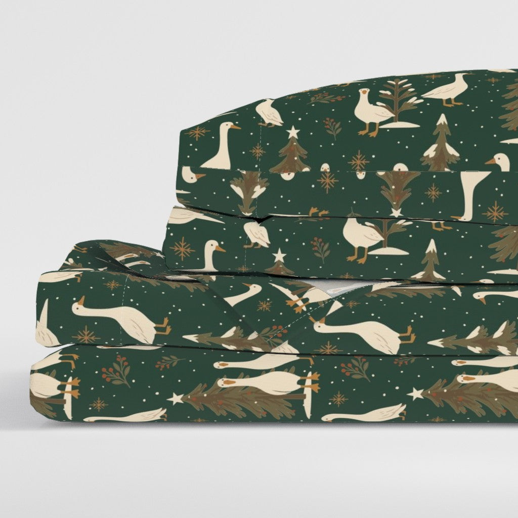 Country Geese in Christmas Holiday Evergreen Field Sheet Set — Large Scale — dark green colorway
