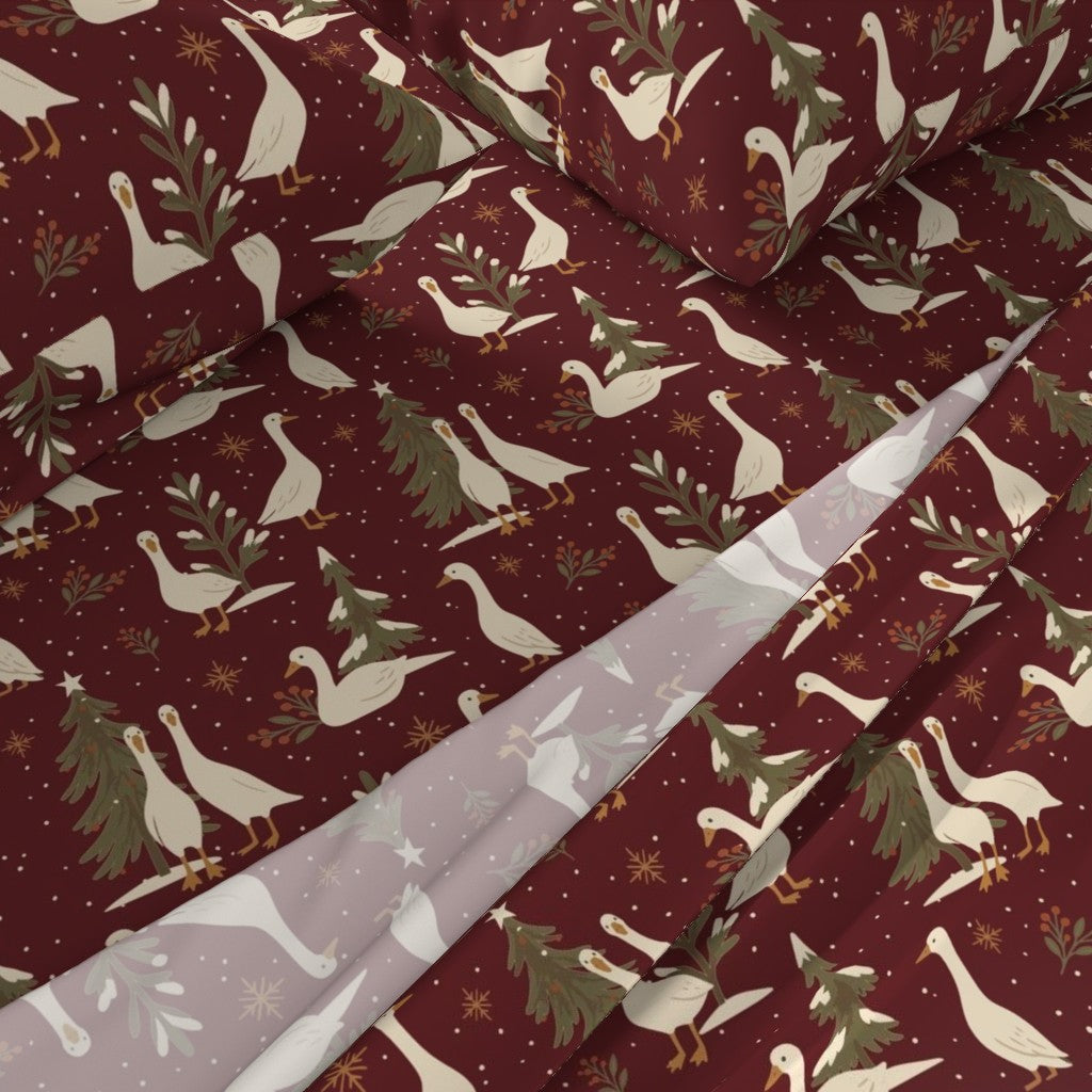 Country Geese in Christmas Holiday Evergreen Field Sheet Set — Large Scale — cranberry red colorway