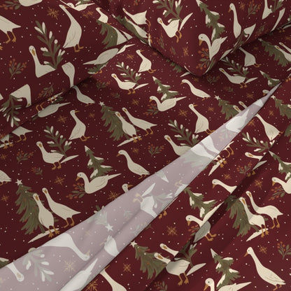 Country Geese in Christmas Holiday Evergreen Field Sheet Set — Large Scale — cranberry red colorway