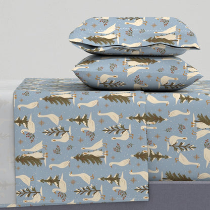 Country Geese in Christmas Holiday Evergreen Field Sheet Set — Large Scale — sky blue