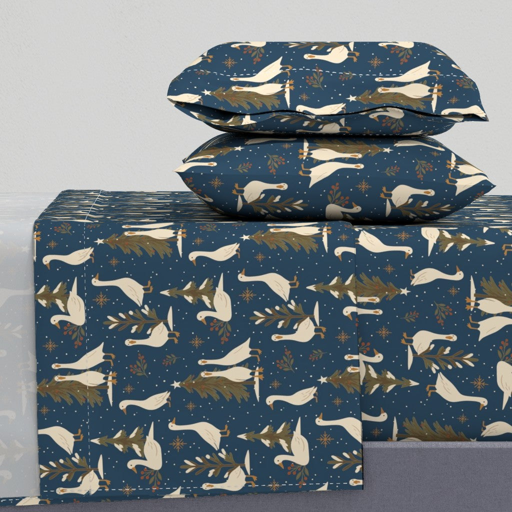 Country Geese in Christmas Holiday Evergreen Field Sheet Set — Large Scale — navy blue