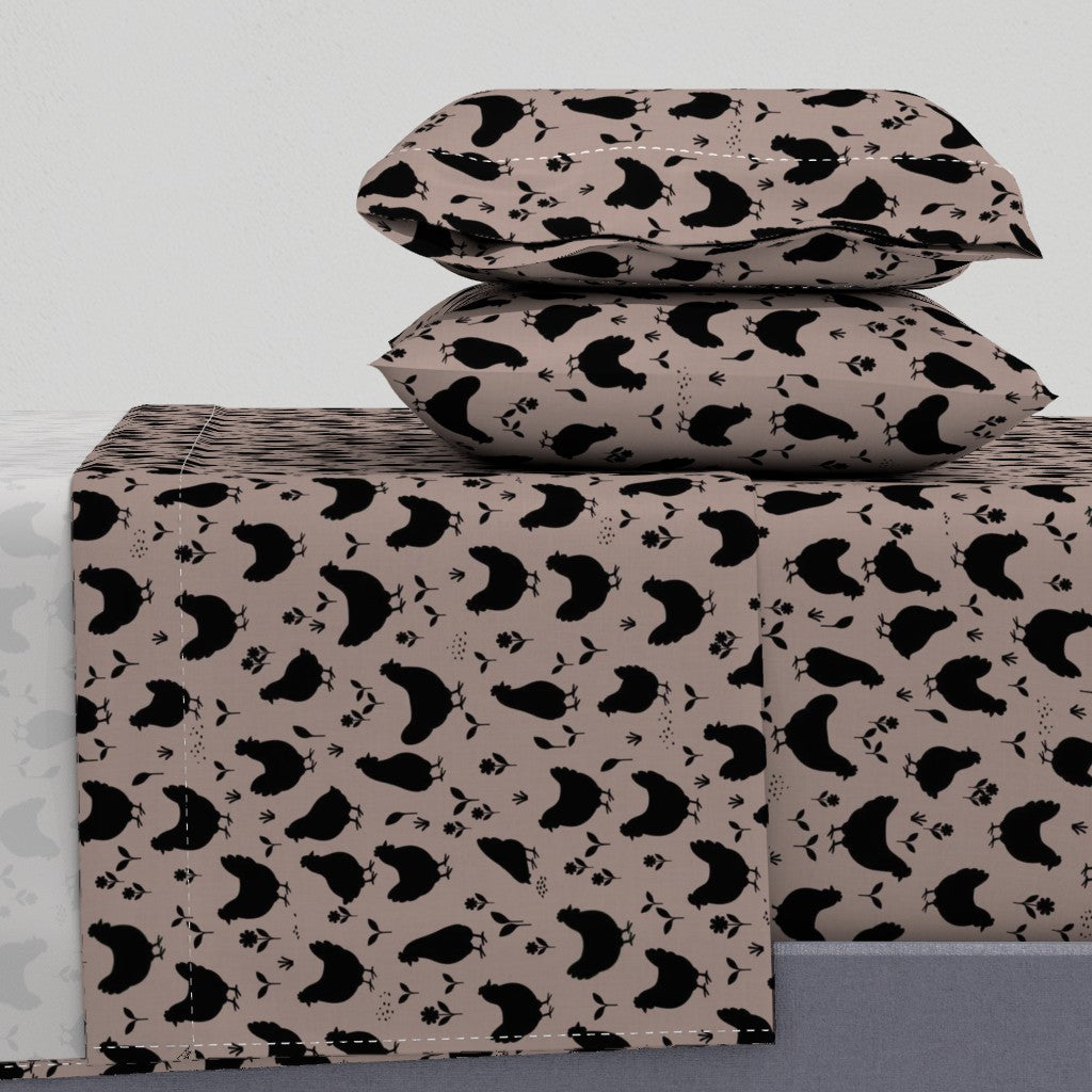 Country Farmhouse Chickens + Flowers on Linen Look Sheet Set — Medium Scale — black + beige