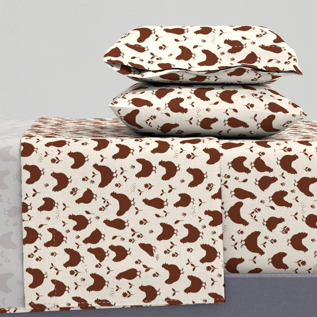 Country Farmhouse Chickens + Flowers on Linen Look Sheet Set — Medium Scale — cream + rust red