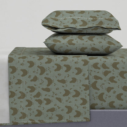Country Farmhouse Chickens + Flowers on Linen Look Sheet Set — Medium Scale — gray green