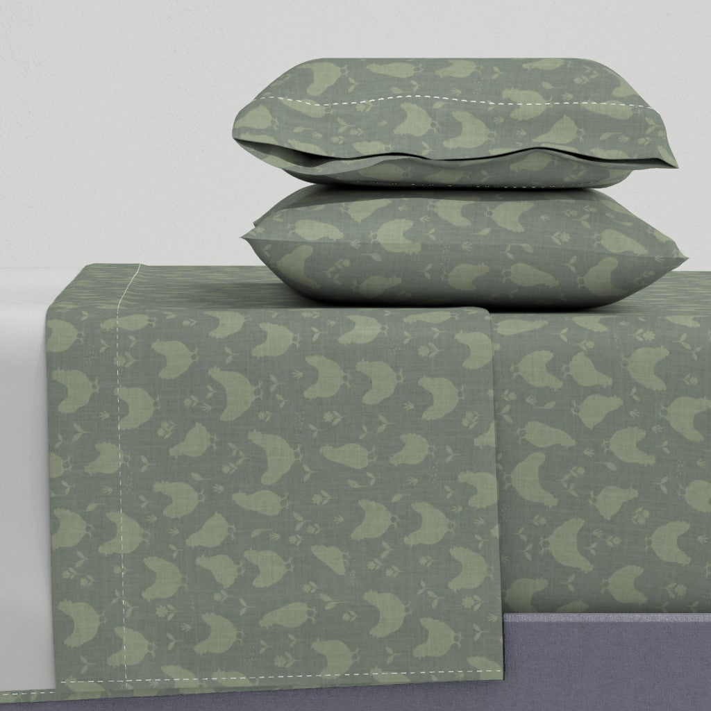 Country Farmhouse Chickens + Flowers on Linen Look Sheet Set — Medium Scale — sage green