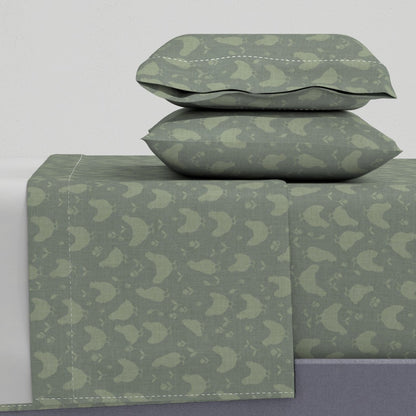 Country Farmhouse Chickens + Flowers on Linen Look Sheet Set — Medium Scale — sage green