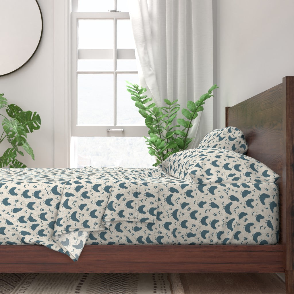 Country Farmhouse Chickens + Flowers on Linen Look Sheet Set — Medium Scale — cream + blue colorway