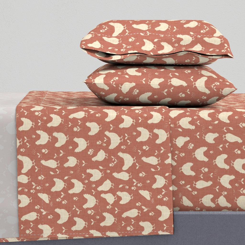 Country Farmhouse Chickens + Flowers on Linen Look Sheet Set — Medium Scale — cream + pink (2)