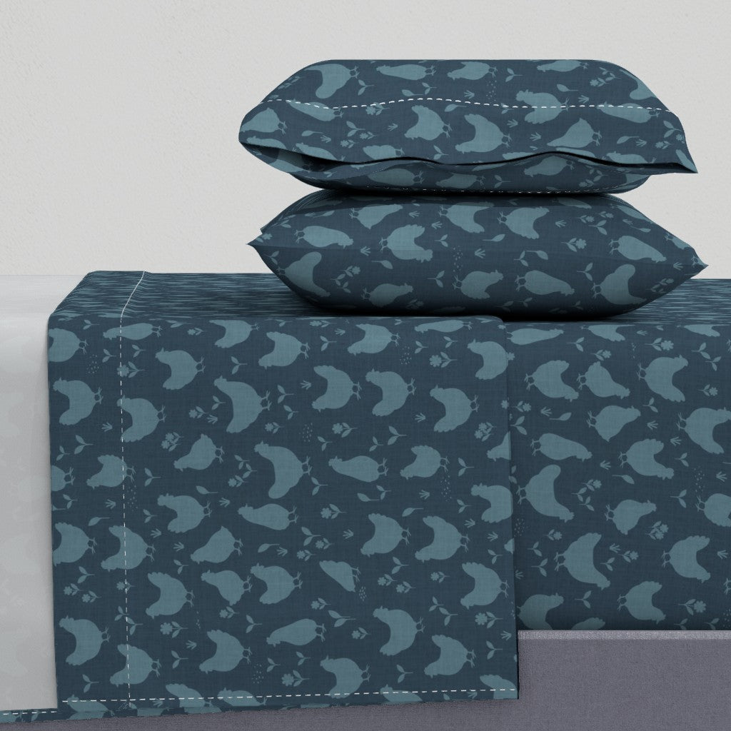Country Farmhouse Chickens + Flowers on Linen Look Sheet Set — Medium Scale — navy blue