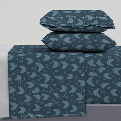 Country Farmhouse Chickens + Flowers on Linen Look Sheet Set — Medium Scale — navy blue
